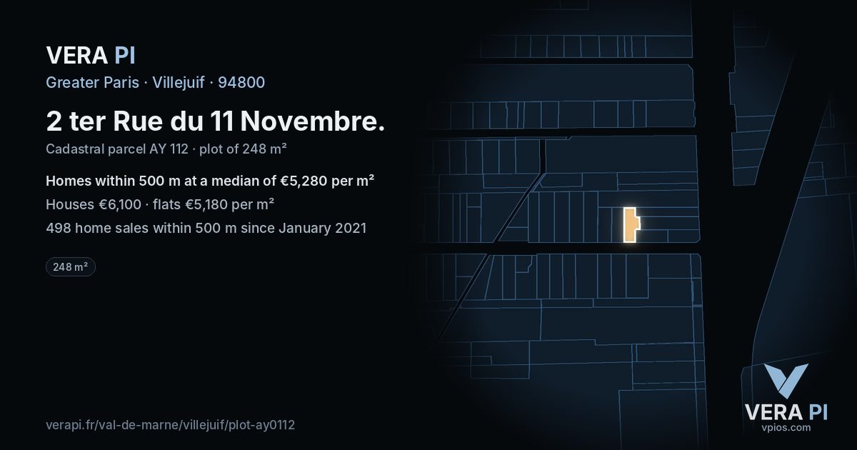 2 ter Rue du 11 Novembre, Villejuif at night – the plot lit, the parcels around coloured by the prices near them
