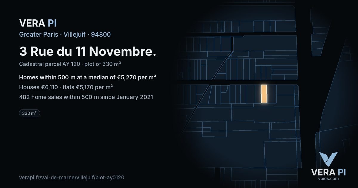 3 Rue du 11 Novembre, Villejuif at night – the plot lit, the parcels around coloured by the prices near them
