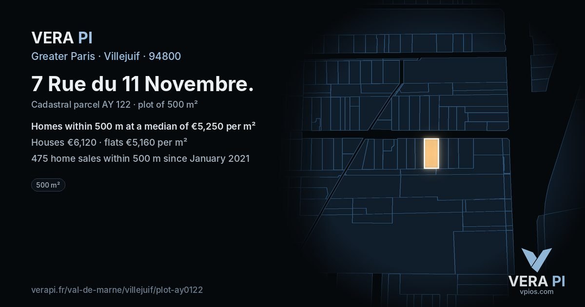 7 Rue du 11 Novembre, Villejuif at night – the plot lit, the parcels around coloured by the prices near them