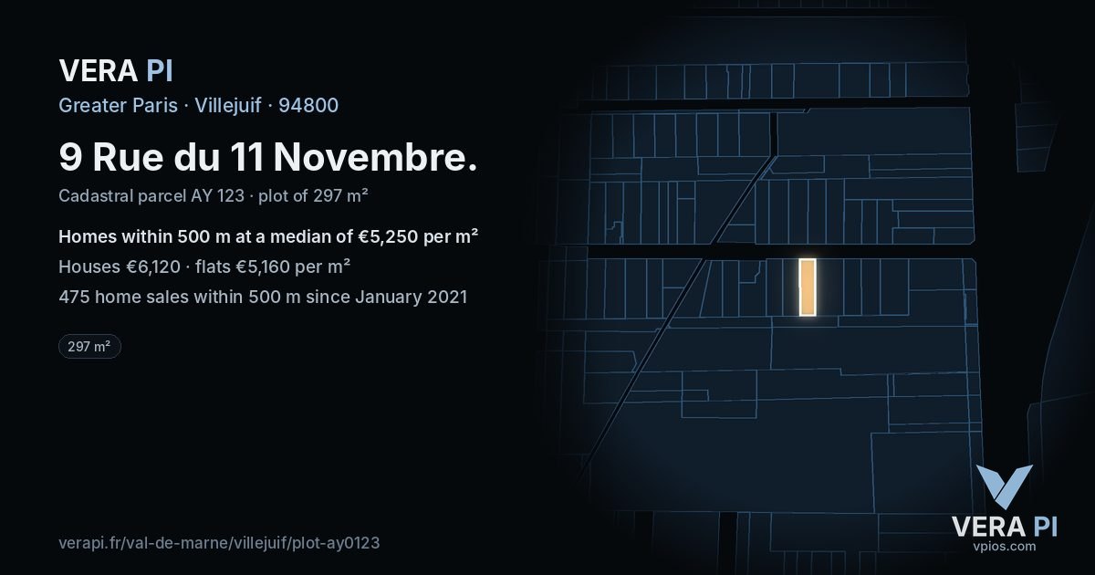 9 Rue du 11 Novembre, Villejuif at night – the plot lit, the parcels around coloured by the prices near them
