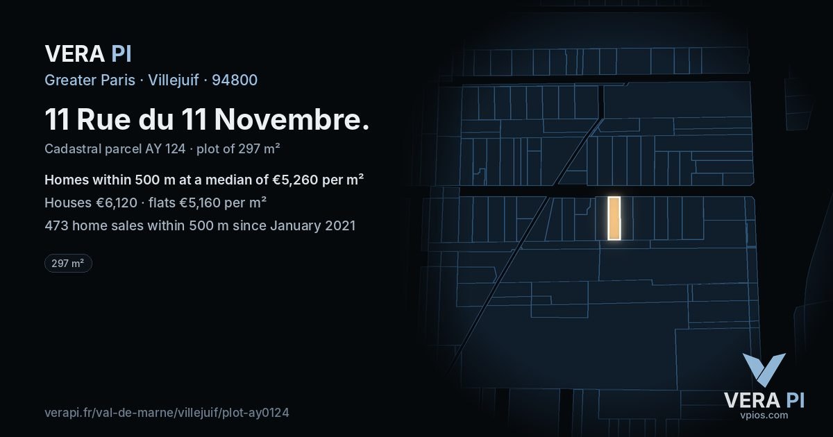 11 Rue du 11 Novembre, Villejuif at night – the plot lit, the parcels around coloured by the prices near them