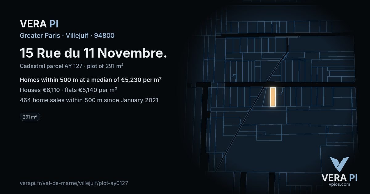 15 Rue du 11 Novembre, Villejuif at night – the plot lit, the parcels around coloured by the prices near them
