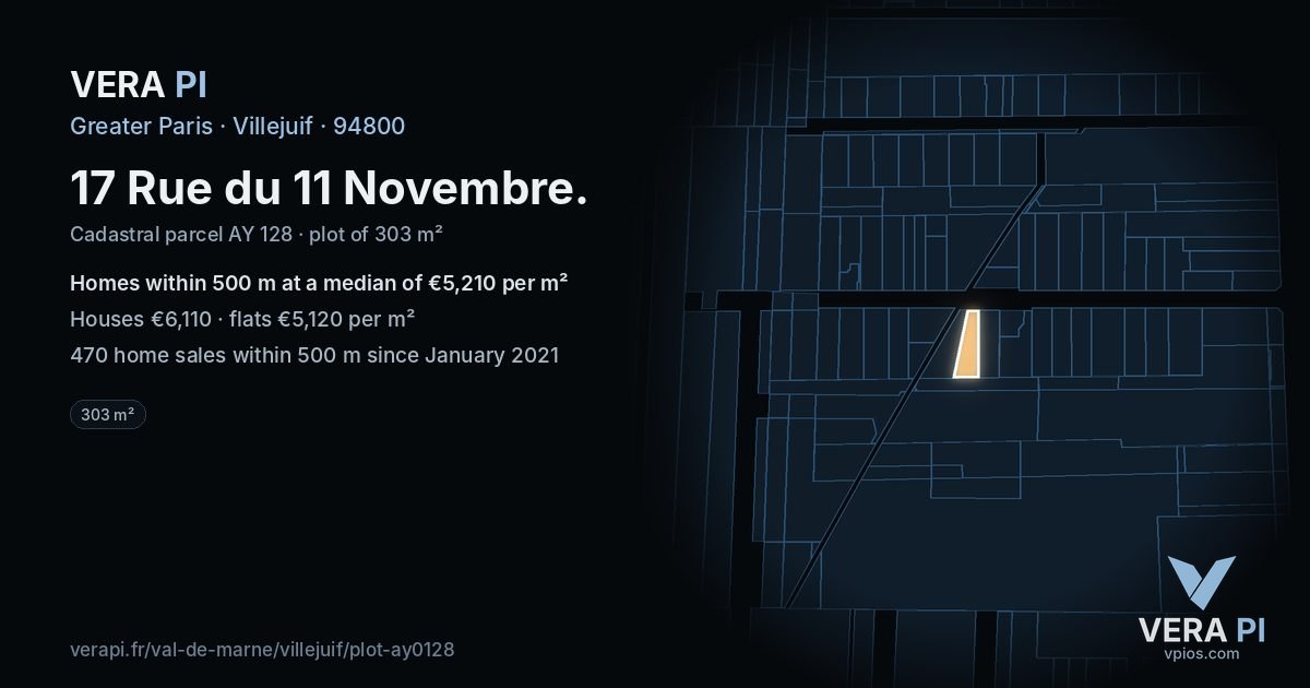 17 Rue du 11 Novembre, Villejuif at night – the plot lit, the parcels around coloured by the prices near them