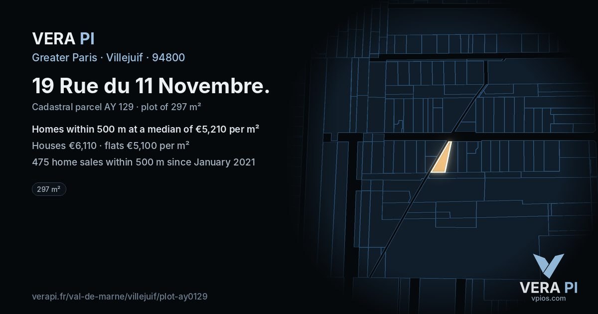 19 Rue du 11 Novembre, Villejuif at night – the plot lit, the parcels around coloured by the prices near them