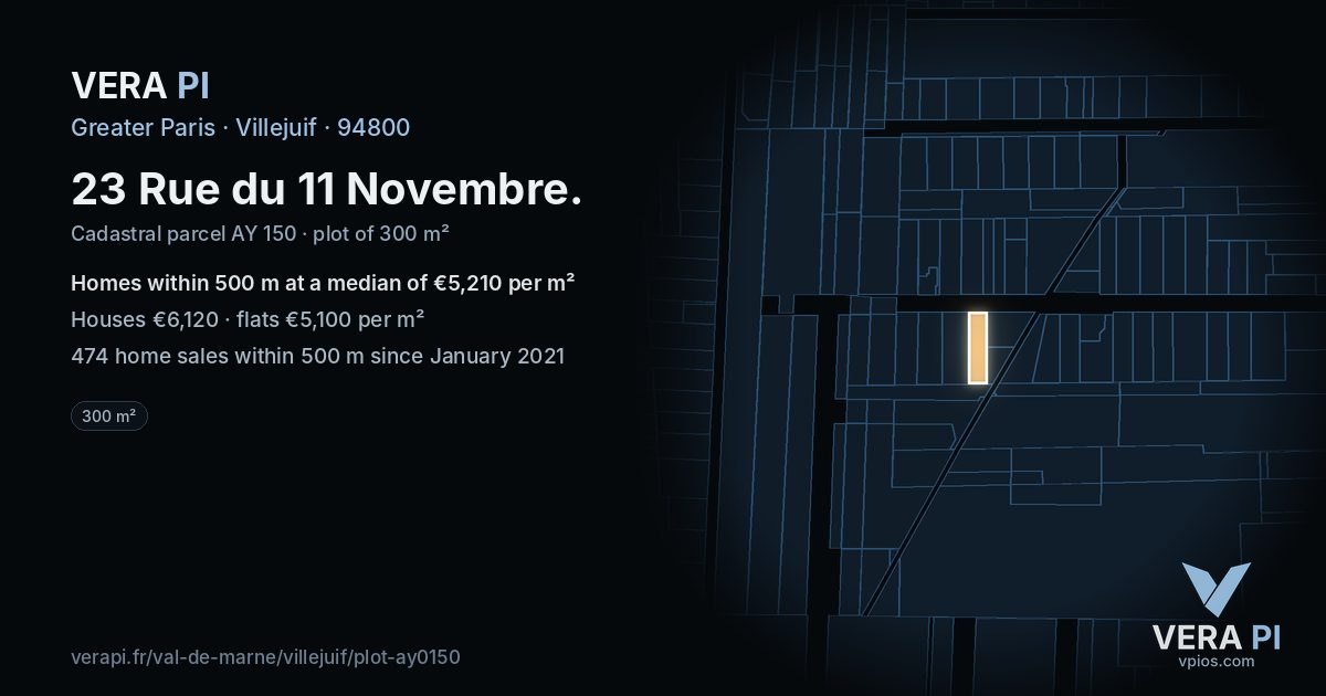 23 Rue du 11 Novembre, Villejuif at night – the plot lit, the parcels around coloured by the prices near them