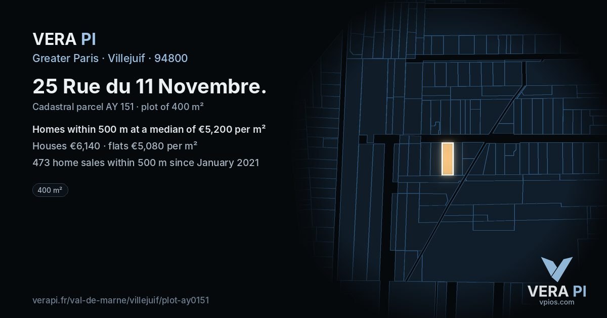 25 Rue du 11 Novembre, Villejuif at night – the plot lit, the parcels around coloured by the prices near them