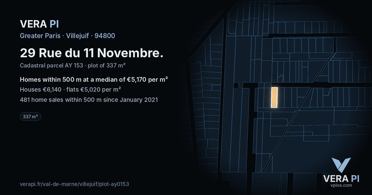 29 Rue du 11 Novembre, Villejuif at night – the plot lit, the parcels around coloured by the prices near them