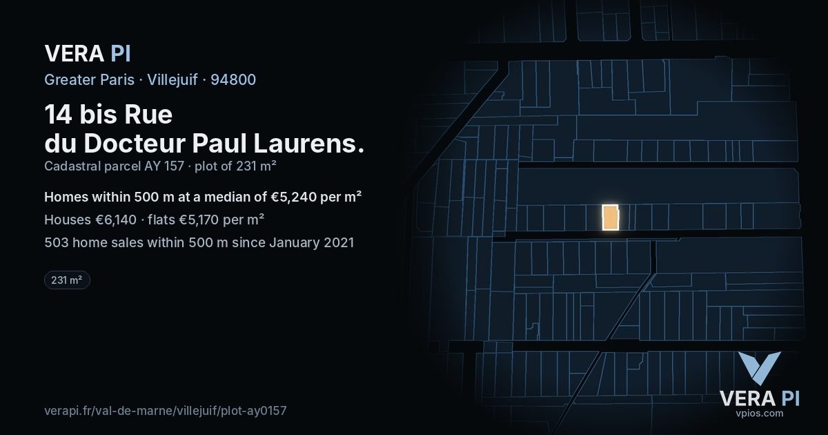 14 bis Rue du Docteur Paul Laurens, Villejuif at night – the plot lit, the parcels around coloured by the prices near them