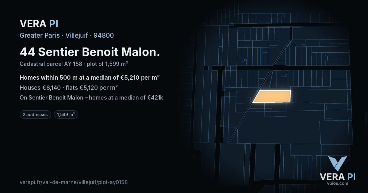 44 Sentier Benoit Malon, Villejuif at night – the plot lit, the parcels around coloured by the prices near them