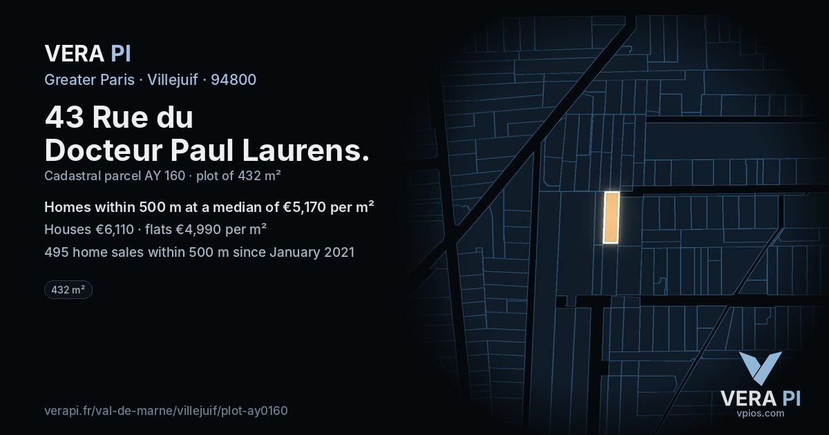 43 Rue du Docteur Paul Laurens, Villejuif at night – the plot lit, the parcels around coloured by the prices near them
