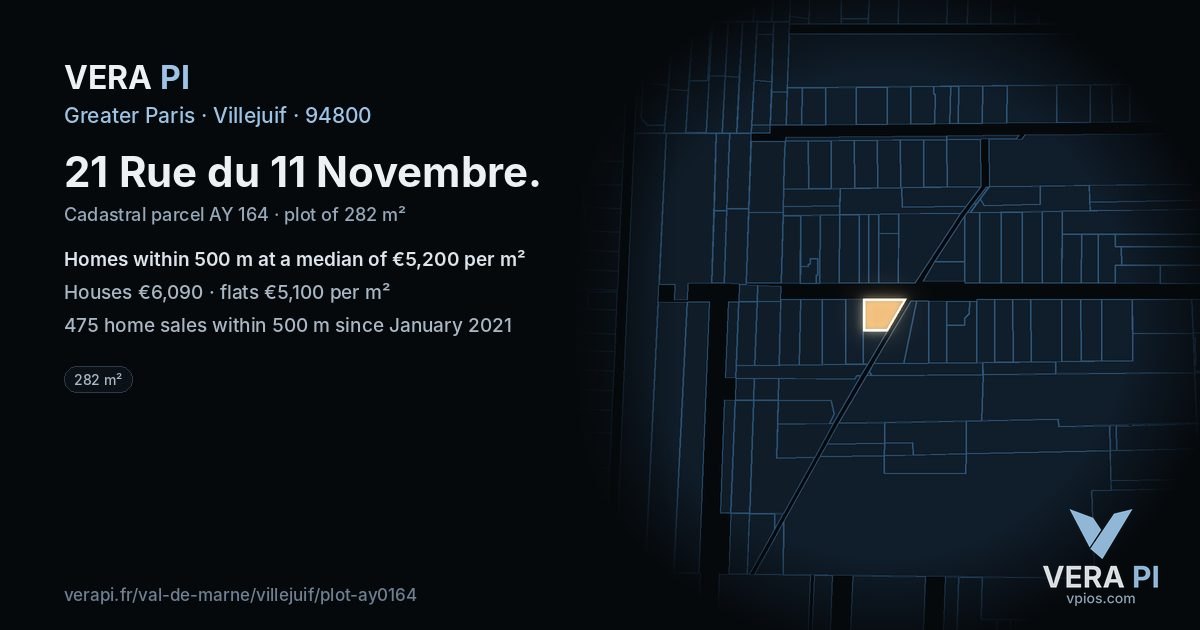 21 Rue du 11 Novembre, Villejuif at night – the plot lit, the parcels around coloured by the prices near them