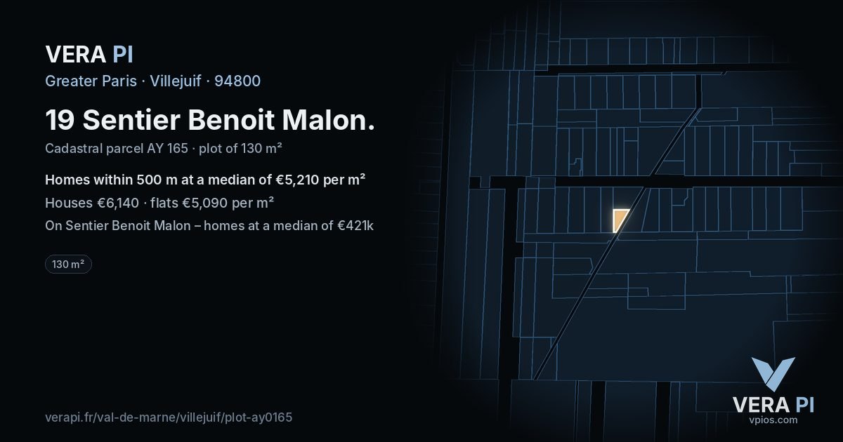 19 Sentier Benoit Malon, Villejuif at night – the plot lit, the parcels around coloured by the prices near them