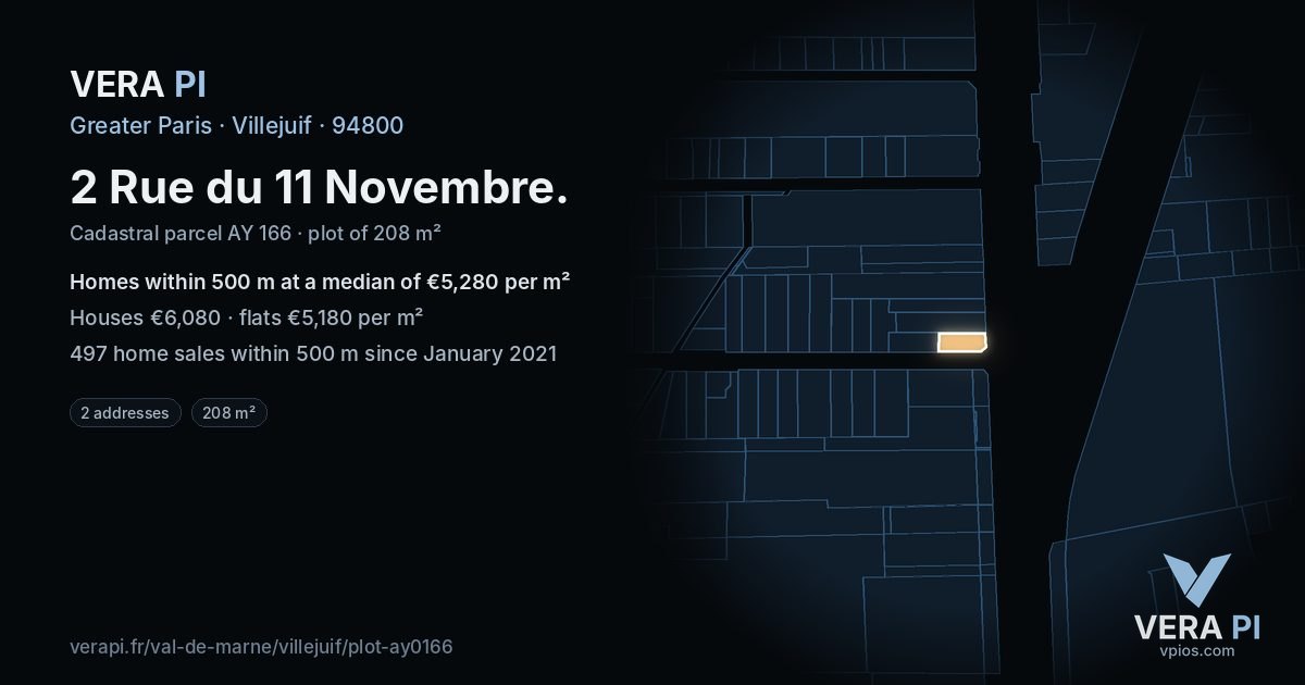 2 Rue du 11 Novembre, Villejuif at night – the plot lit, the parcels around coloured by the prices near them