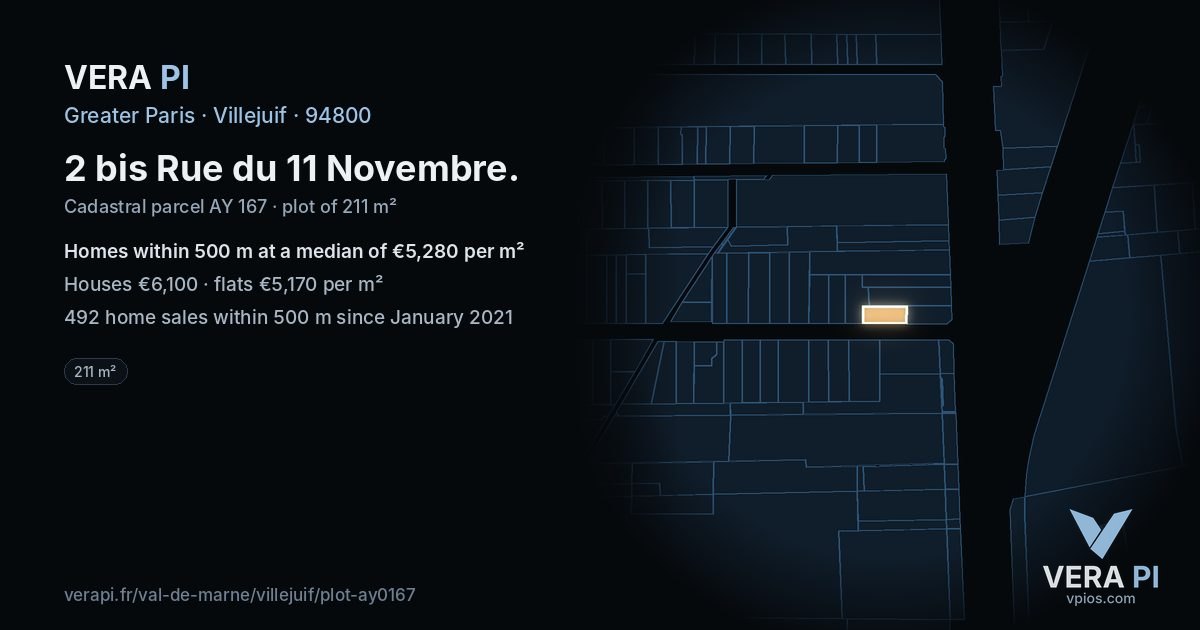 2 bis Rue du 11 Novembre, Villejuif at night – the plot lit, the parcels around coloured by the prices near them