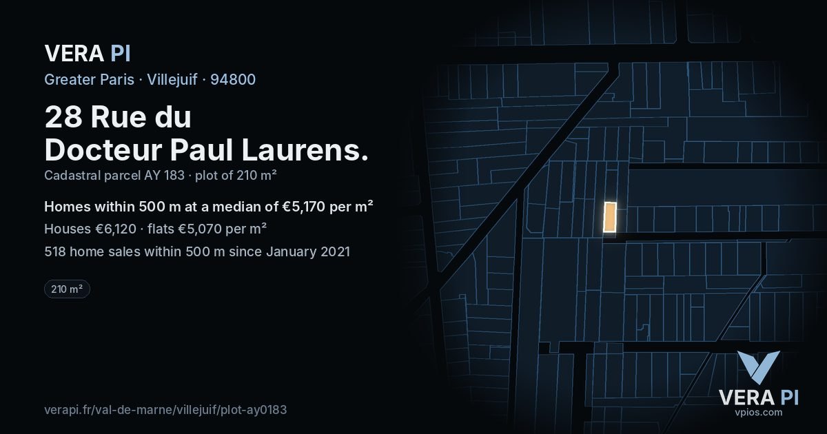 28 Rue du Docteur Paul Laurens, Villejuif at night – the plot lit, the parcels around coloured by the prices near them