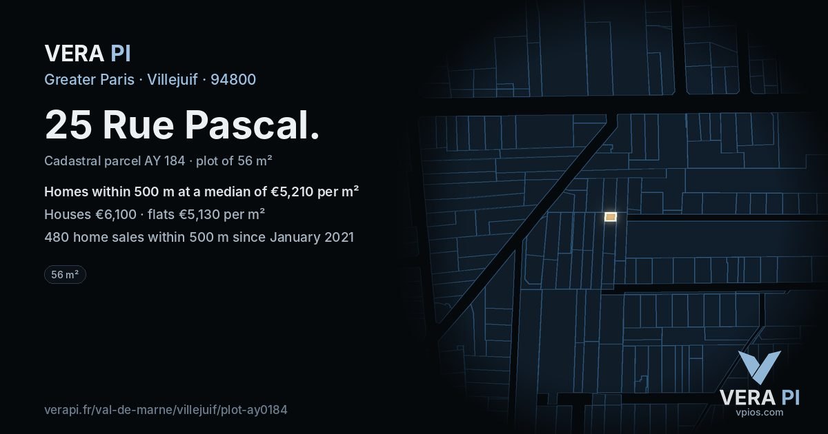 25 Rue Pascal, Villejuif at night – the plot lit, the parcels around coloured by the prices near them
