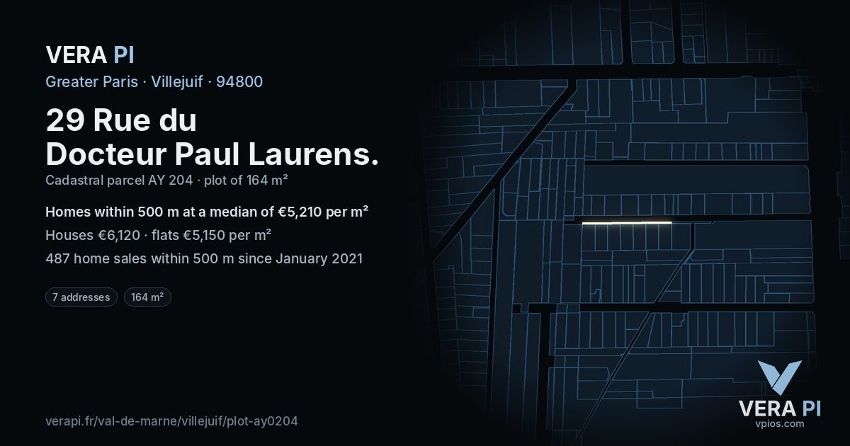 29 Rue du Docteur Paul Laurens, Villejuif at night – the plot lit, the parcels around coloured by the prices near them