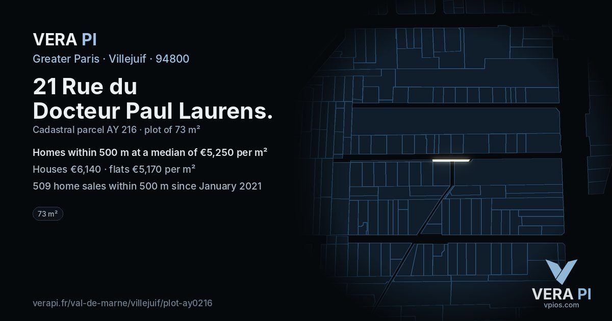 21 Rue du Docteur Paul Laurens, Villejuif at night – the plot lit, the parcels around coloured by the prices near them