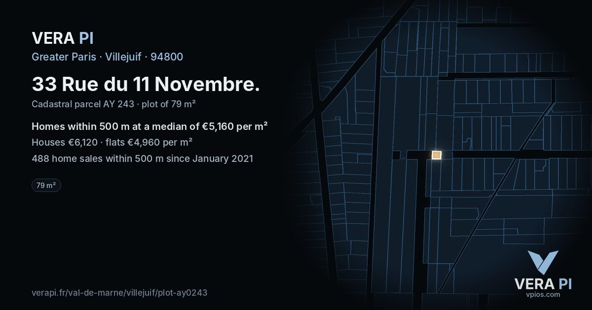 33 Rue du 11 Novembre, Villejuif at night – the plot lit, the parcels around coloured by the prices near them