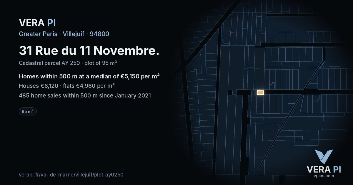 31 Rue du 11 Novembre, Villejuif at night – the plot lit, the parcels around coloured by the prices near them