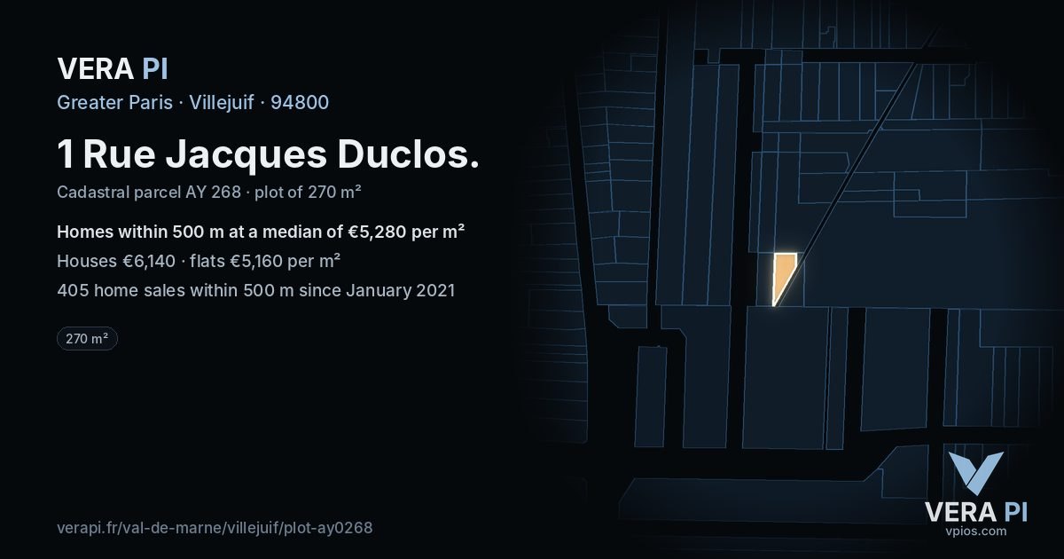1 Rue Jacques Duclos, Villejuif at night – the plot lit, the parcels around coloured by the prices near them