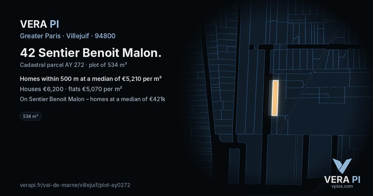 42 Sentier Benoit Malon, Villejuif at night – the plot lit, the parcels around coloured by the prices near them