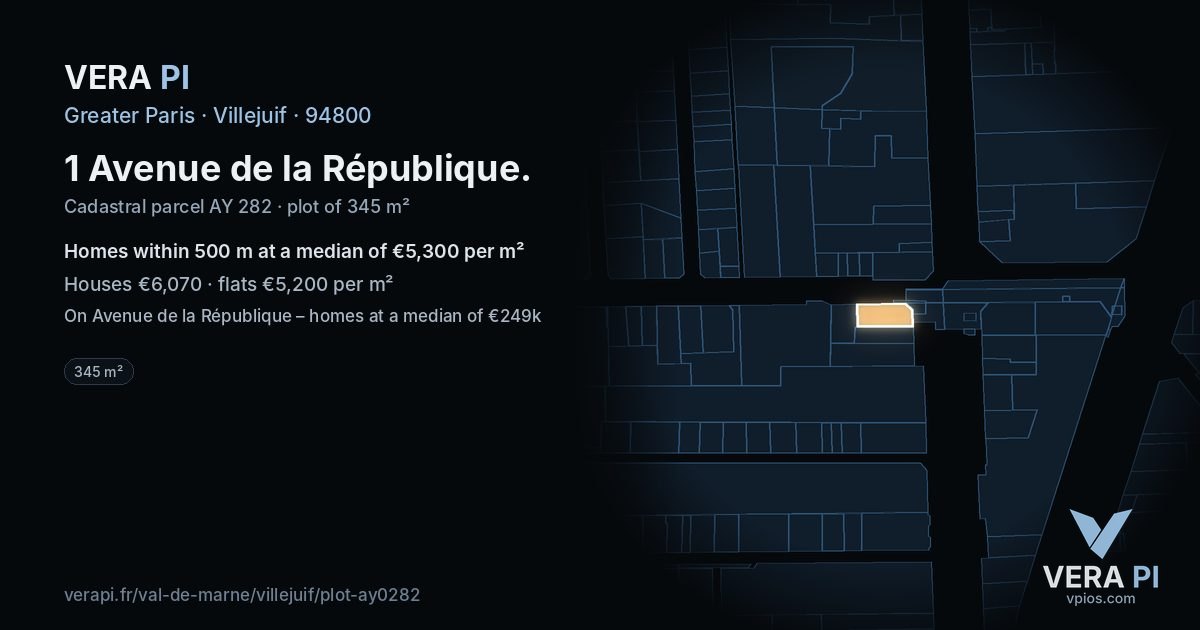 1 Avenue de la République, Villejuif at night – the plot lit, the parcels around coloured by the prices near them