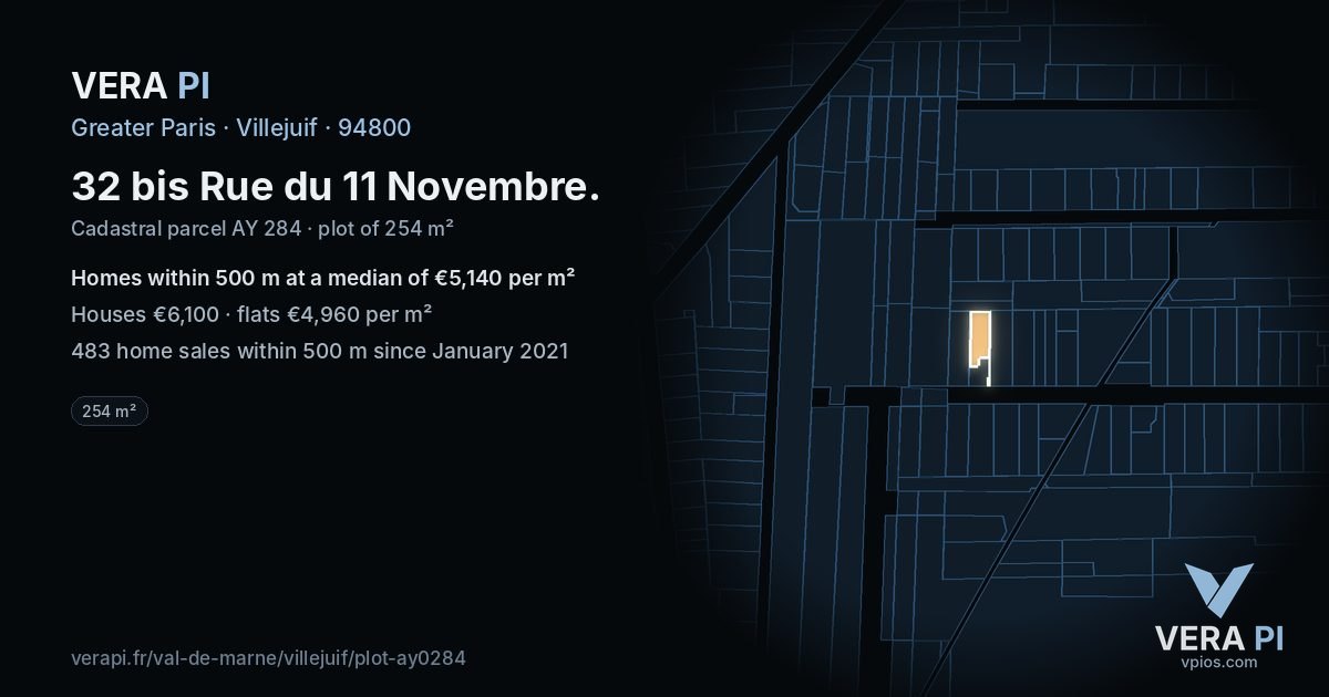 32 bis Rue du 11 Novembre, Villejuif at night – the plot lit, the parcels around coloured by the prices near them