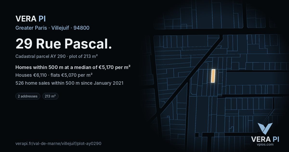 29 Rue Pascal, Villejuif at night – the plot lit, the parcels around coloured by the prices near them