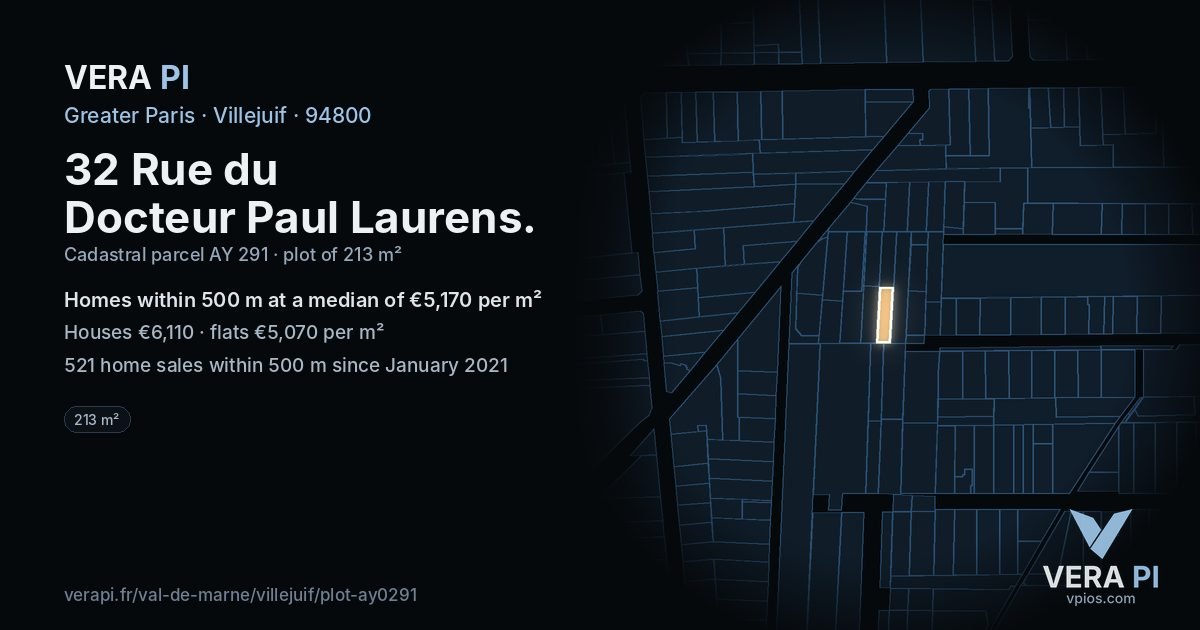 32 Rue du Docteur Paul Laurens, Villejuif at night – the plot lit, the parcels around coloured by the prices near them