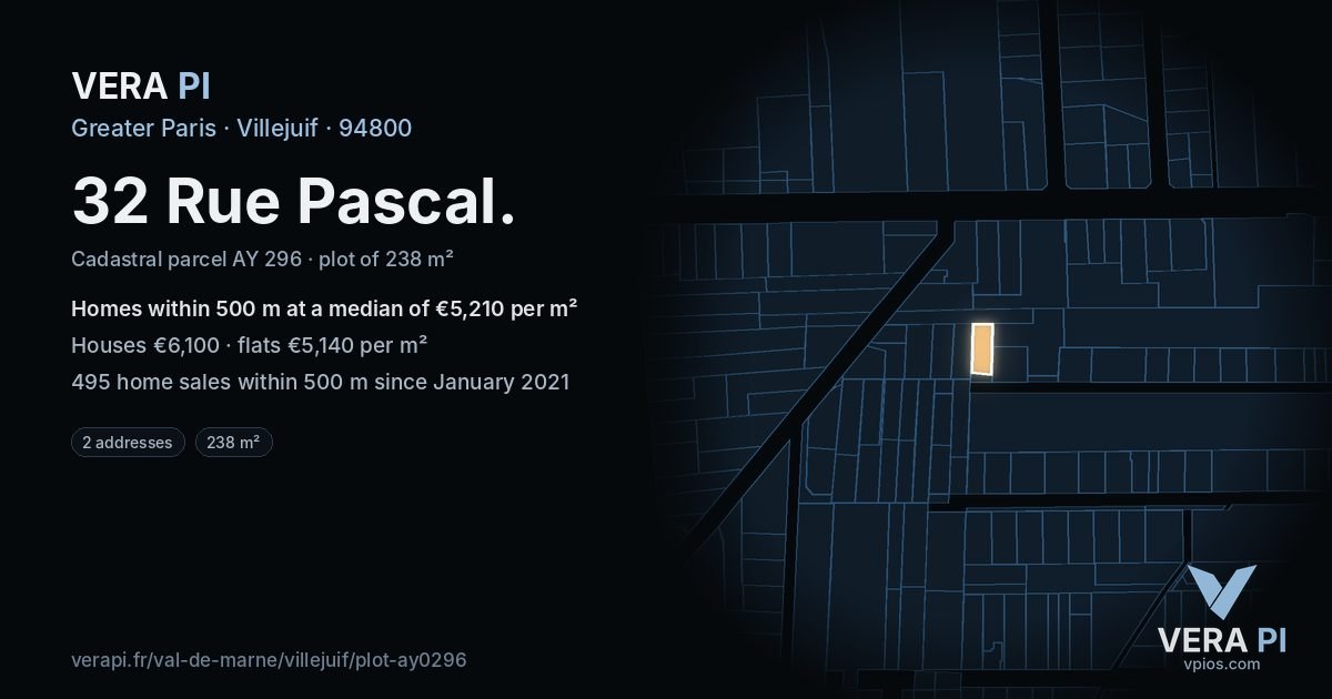 32 Rue Pascal, Villejuif at night – the plot lit, the parcels around coloured by the prices near them