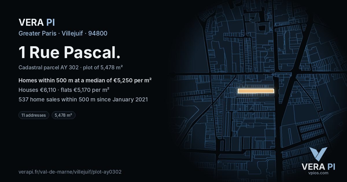 1 Rue Pascal, Villejuif at night – the plot lit, the parcels around coloured by the prices near them