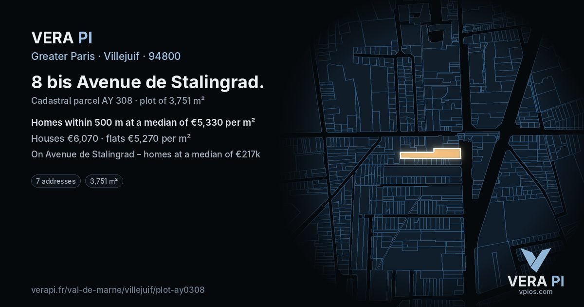 8 bis Avenue de Stalingrad, Villejuif at night – the plot lit, the parcels around coloured by the prices near them