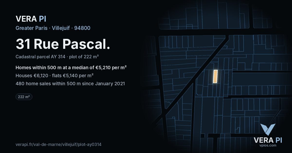 31 Rue Pascal, Villejuif at night – the plot lit, the parcels around coloured by the prices near them