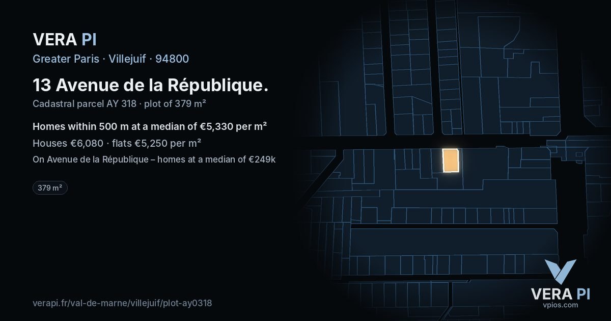 13 Avenue de la République, Villejuif at night – the plot lit, the parcels around coloured by the prices near them