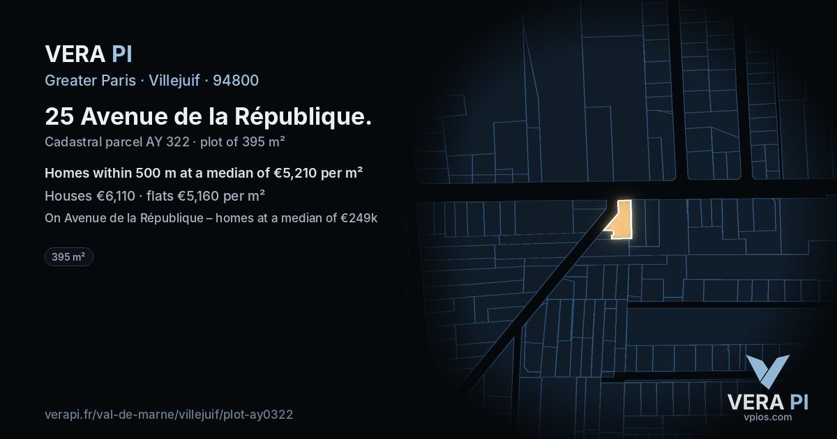 25 Avenue de la République, Villejuif at night – the plot lit, the parcels around coloured by the prices near them