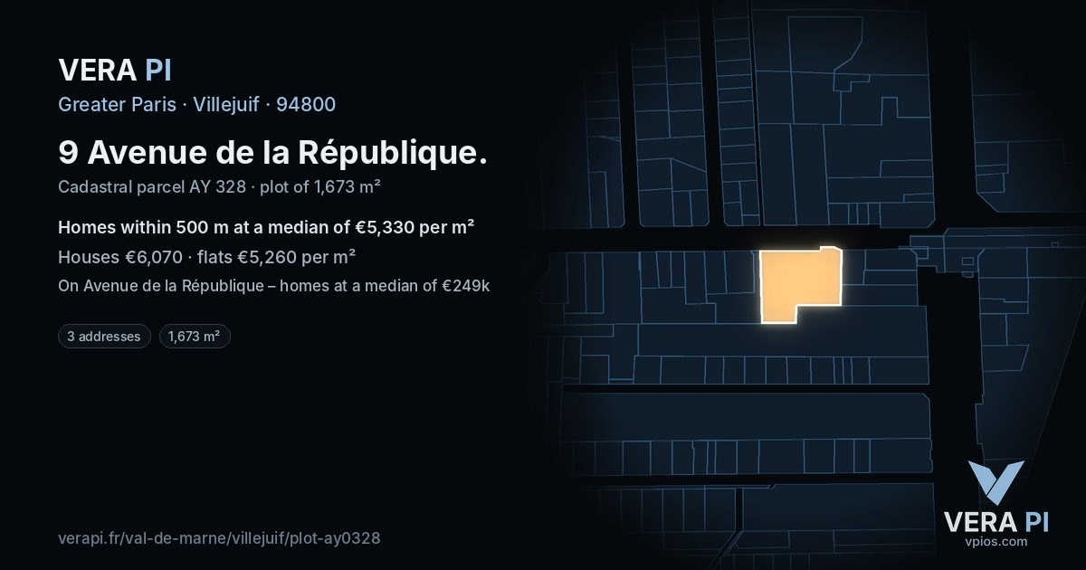 9 Avenue de la République, Villejuif at night – the plot lit, the parcels around coloured by the prices near them