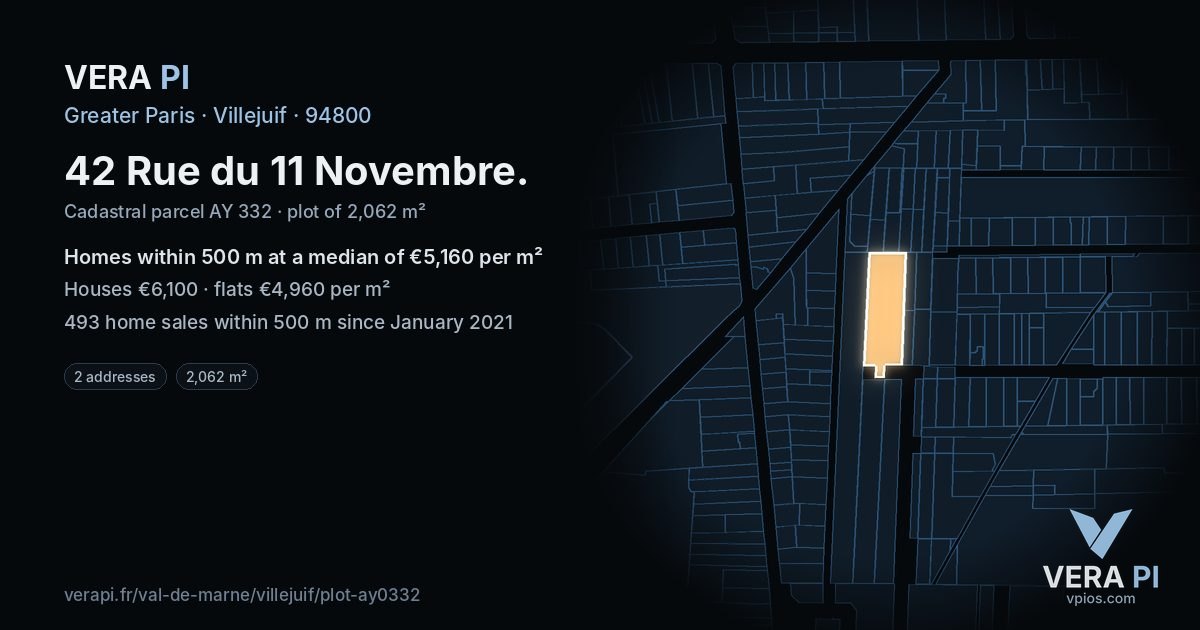 42 Rue du 11 Novembre, Villejuif at night – the plot lit, the parcels around coloured by the prices near them