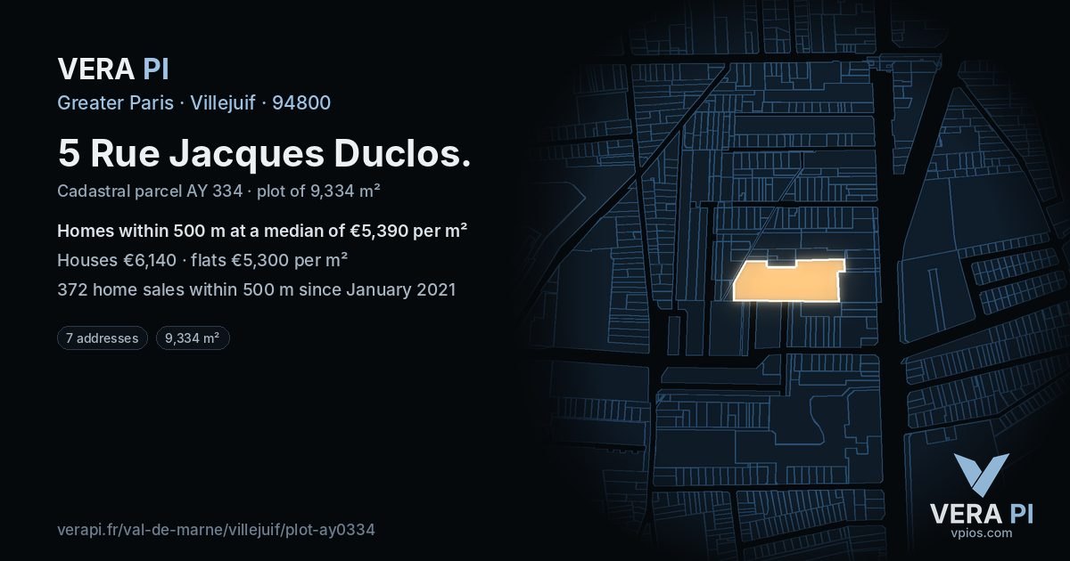 5 Rue Jacques Duclos, Villejuif at night – the plot lit, the parcels around coloured by the prices near them