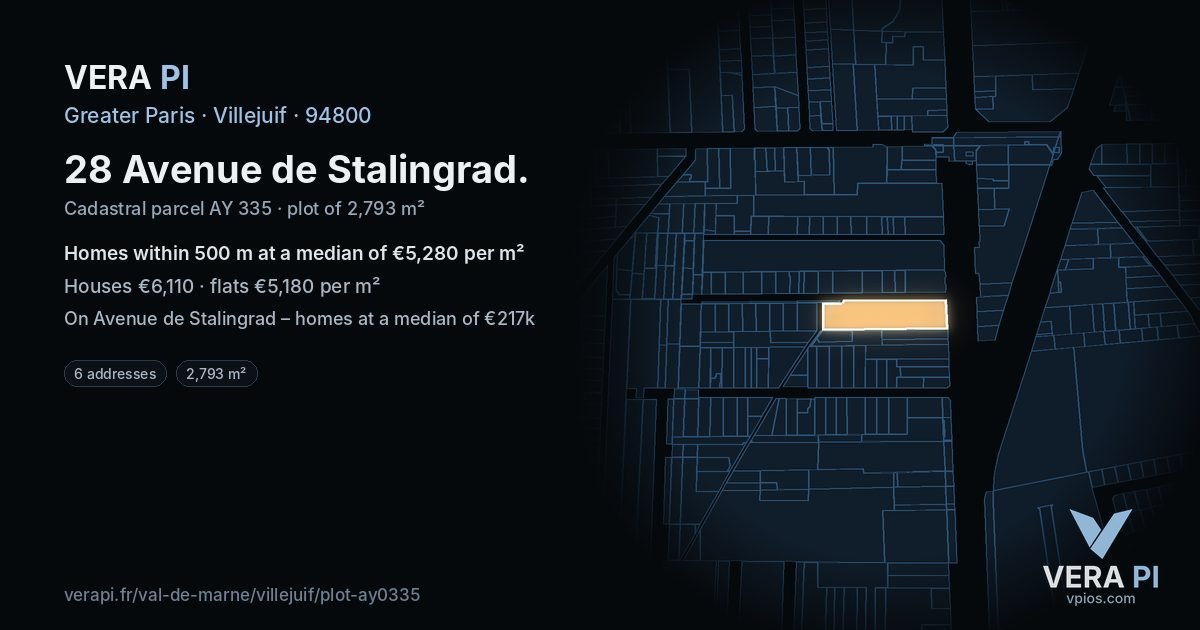 28 Avenue de Stalingrad, Villejuif at night – the plot lit, the parcels around coloured by the prices near them