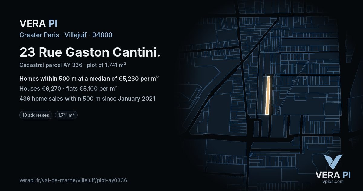 23 Rue Gaston Cantini, Villejuif at night – the plot lit, the parcels around coloured by the prices near them