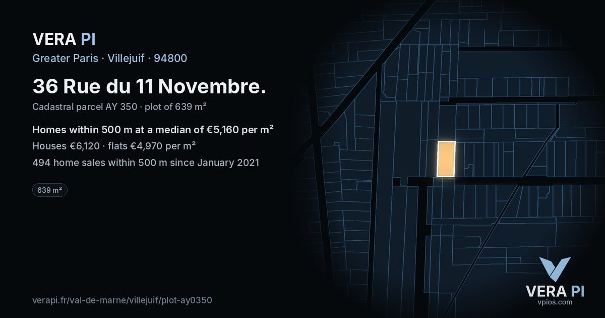 36 Rue du 11 Novembre, Villejuif at night – the plot lit, the parcels around coloured by the prices near them
