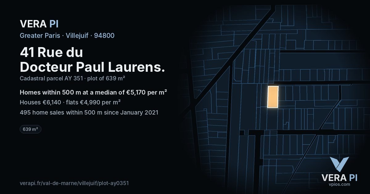 41 Rue du Docteur Paul Laurens, Villejuif at night – the plot lit, the parcels around coloured by the prices near them