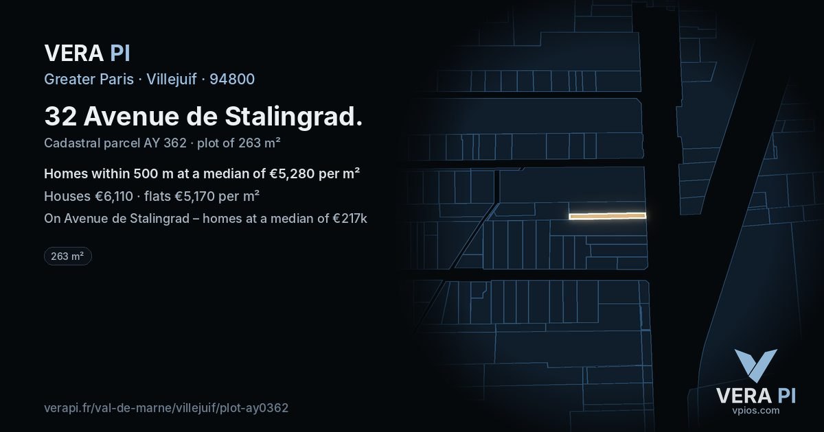 32 Avenue de Stalingrad, Villejuif at night – the plot lit, the parcels around coloured by the prices near them