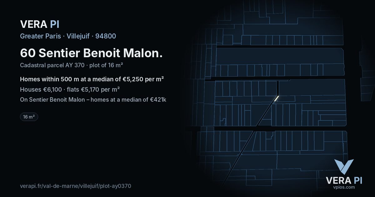 60 Sentier Benoit Malon, Villejuif at night – the plot lit, the parcels around coloured by the prices near them