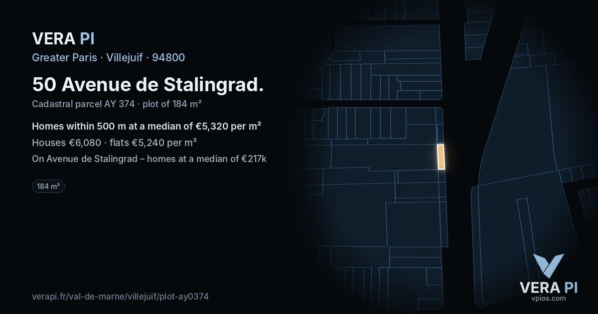 50 Avenue de Stalingrad, Villejuif at night – the plot lit, the parcels around coloured by the prices near them