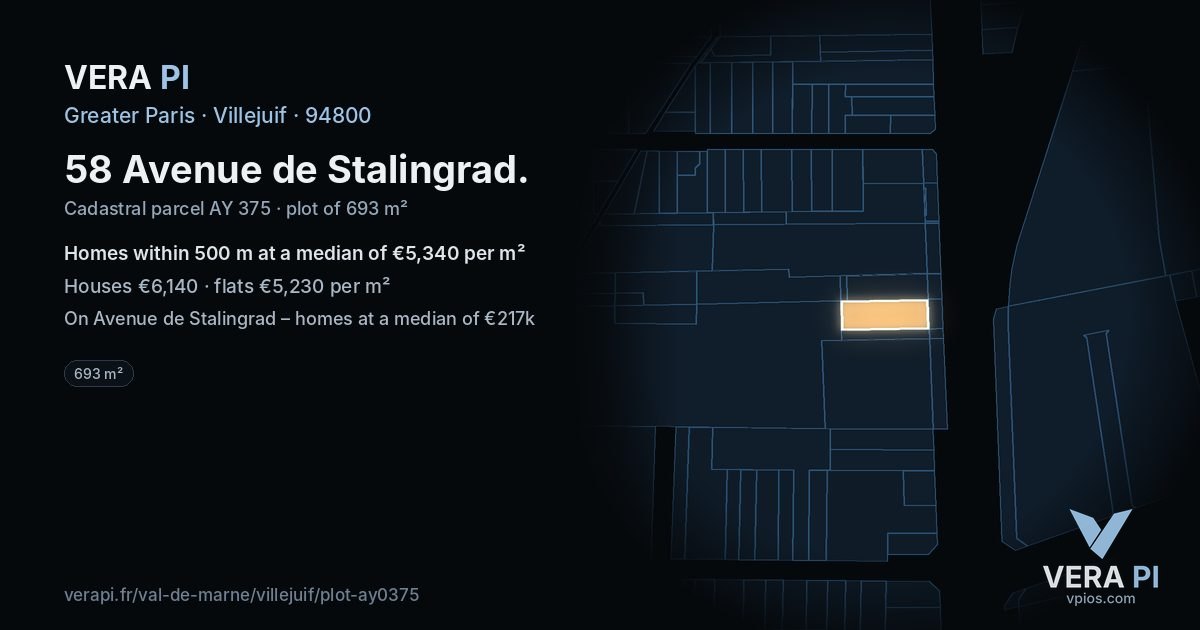 58 Avenue de Stalingrad, Villejuif at night – the plot lit, the parcels around coloured by the prices near them