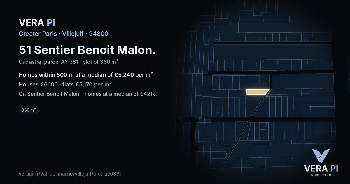 51 Sentier Benoit Malon, Villejuif at night – the plot lit, the parcels around coloured by the prices near them