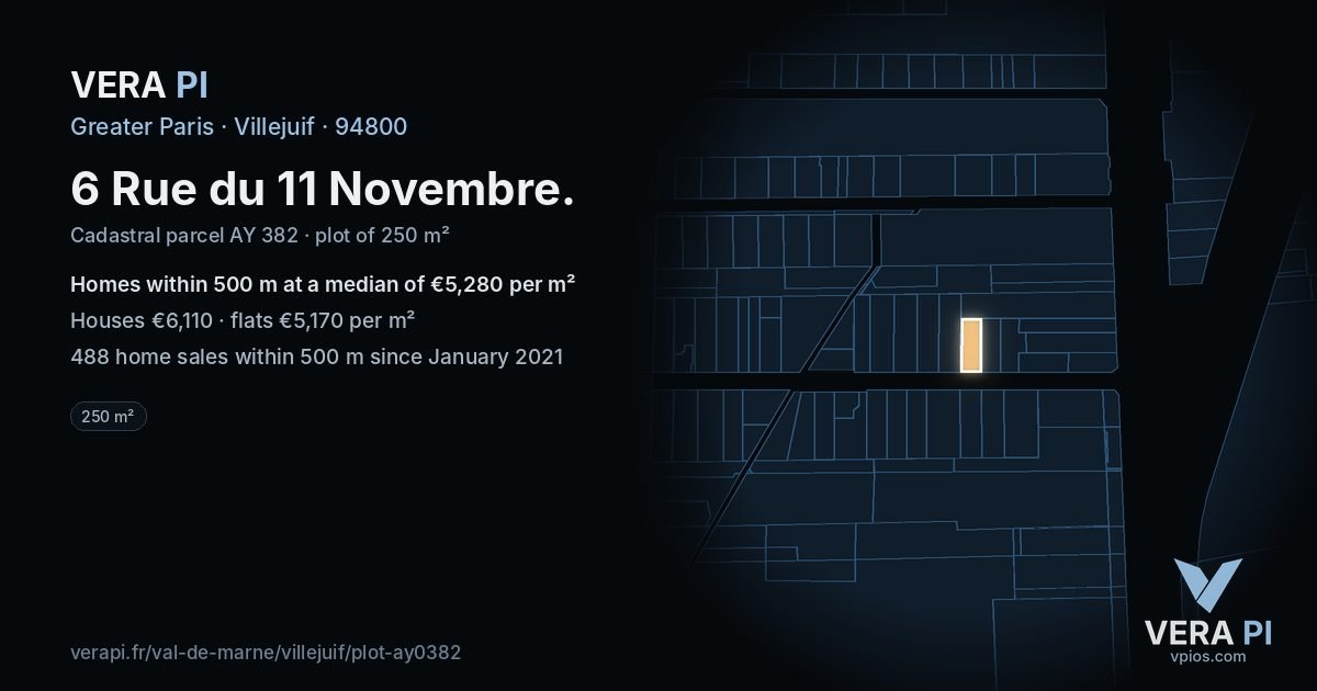 6 Rue du 11 Novembre, Villejuif at night – the plot lit, the parcels around coloured by the prices near them