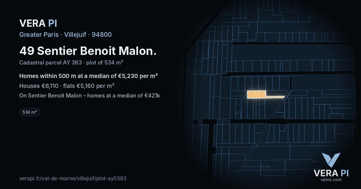 49 Sentier Benoit Malon, Villejuif at night – the plot lit, the parcels around coloured by the prices near them